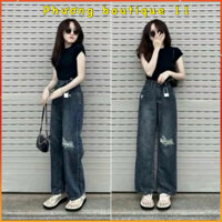 Quần jean nữ ống rộng thiết kế rách 1 gối màu xanh đậm