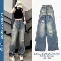 Quần Jean Nữ Ống Rộng Wash Bụi Rách Phối Màu Đai Kiểu Phía Trước Phong Cách Hàn Quốc 573