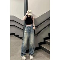 Quần Jean Nữ Ống Rộng Wash Bụi Rách Phối Đai Kiểu Phía Trước Phong Cách Hàn Quốc 573.1