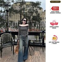 Quần jean nữ ống suông cạp cao đính full đá bò dáng xuông QC