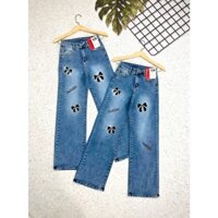 Quần Jean Nữ Ống Suông Dài Thêu Nơ Đính Đá