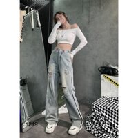 Quần jean nữ ống suông kẻ sọc hai bên chất liệu mềm mịn thêu túi Hồng cá tính năng động MS LA1249 - Huyền Diệu Boutique