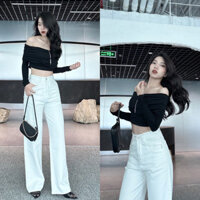 Quần Jean Nữ Ống Suông Màu Trắng Phối Viên Túi Nổi