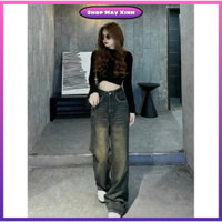 Quần jean nữ ống suông rộng rách túi basic