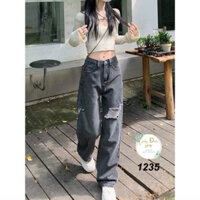 Quần jean nữ ống suông rộng rách gối màu xám đen cá tính cực chất Lynh Jean Shop (Mã 1235)