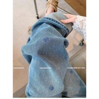 Quần jean nữ ống suông thêu HOA HỒNG XANH đính đá mẫu new xinh cao cấp