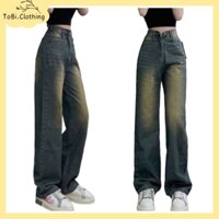 Quần jean nữ ống suông ToBi xanh trầm ánh vàng túi sau rách - 0707