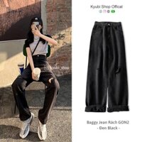 Quần Jean nữ ống suông ulzzang lưng cao rách gối phong cách Retro Hàn Quốc [Có Bigsize] - Quần jean baggy Kyubi BJR201.W