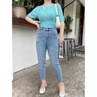Quần Jean Nữ Rách 9 Tấc Bigsize Lưng Cao, Rách Nhẹ, Màu Xanh Nhạt, Co Dãn Mạnh 4 chiều 0156 4086 MoliJean