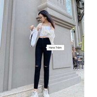 Quần Jean Nữ Rách Gối Lưng Cao Màu Đen Size Từ 38 - 95Kg