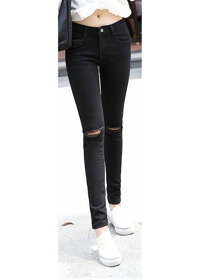Quần jean nữ rách gối ống bó - BO1 - Đen - 26