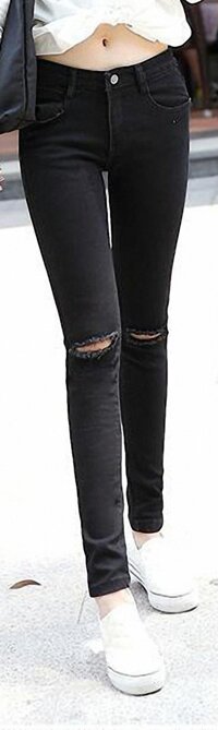 Quần jean nữ rách gối ống bó - BO1 - Đen - 28