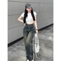 Quần jean nữ Retro CẠP CAO viền NỔI 2 sọc ống rộng Quần bò nữ màu xanh mài chất vải jean bò Cao cấp