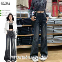 Quần jean nữ Retro xi măng màu xám micro-cropped jeans dáng rộng Mỹ quần cạp cao