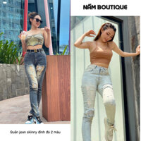 Quần Jean Nữ Skinny Cắt Rách Đính Đá 2 Màu Xanh Đậm Wash Trắng Và Xanh Trắng, Chất Jean Co Giãn