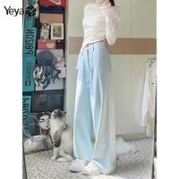 Quần jean nữ sọc xanh nhạt Quần jean ống rộng thẳng