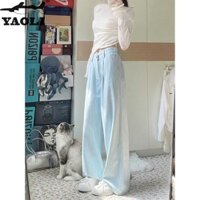 Quần jean nữ sọc xanh nhạt Quần jean ống rộng thẳng
