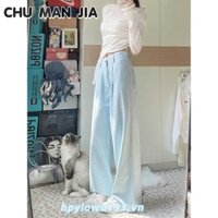Quần jean nữ sọc xanh nhạt Quần jean ống rộng thẳng