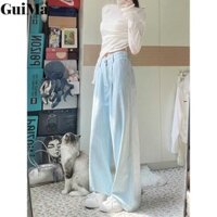 Quần jean nữ sọc xanh nhạt Quần jean ống rộng thẳng