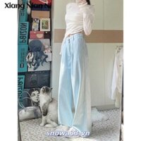 Quần jean nữ sọc xanh nhạt Quần jean ống rộng thẳng