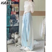 Quần jean nữ sọc xanh nhạt Quần jean ống rộng thẳng