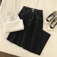 Quần jean nữ suông rộng cạp cao ulzzang KYUBI EMEE chỉ nổi (Có bigsize ) - quần jean ống rộng Hàn Quốc Kyubi BJR18