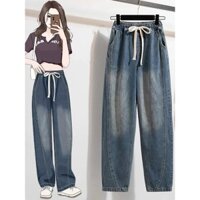 Quần Jean Nữ  Wash Dáng Baggy Rách Xước Phong Cách Hàn Quốc Cá Tính - Có Túi, Cạp Chun, Dễ Phối Đồ Xanh Rêu