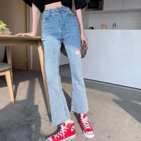 Quần jean ống đứng hơi loe cạp cao rách phong cách