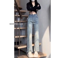Quần jean ống đứng xanh , Quần bò jean ống đứng cạp cao màu xanh nhạt gấu có tua rua siêu kute DC 27 - Hàng mới về
