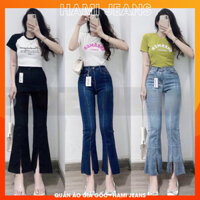 Quần jean ống loe lỡ xẻ gấu co giãn lưng siêu cao quần bò ống loe 9 tấc cạp lưng cao quần bò xẻ gấu