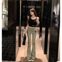 Quần Jean Ống Loe Màu Bạc Hoạ Tiết Chữ Thập Độc Đáo Siêu Cá Tính