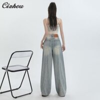 Quần jean ống rộng cao cổ điển có khóa giặt và khóa kéo cổ điển