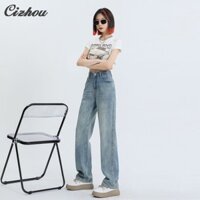 Quần jean ống rộng cao cổ điển có khóa giặt và khóa kéo cổ điển