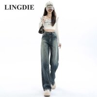 Quần jean ống rộng cao cổ điển có khóa giặt và khóa kéo cổ điển