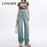 Quần jean ống rộng cao cổ điển có khóa giặt và khóa kéo cổ điển