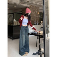 Quần Jean Ống Rộng Dáng Suông Lưng Cao Màu Xanh Dương Cổ Điển Thu Đông D103