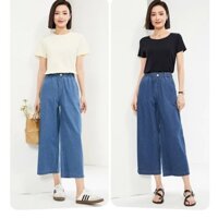 Quần jean ống rộng dáng suông nữ vải bò giấy giấy cạp cao lưng thun co giãn [M13]