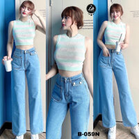 Quần jean ống rộng hàn quốc nữ túi đắp vuông Lê Huy Fashion màu xanh đậm MS 059