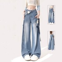 Quần jean ống rộng Hàn Quốc nữ mùa thu 2024 Thiết kế phong cách mới Miếng dán dễ thương Quần yếm cạp cao Quần thẳng rộng 1.14