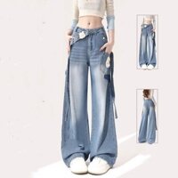 Quần jean ống rộng Hàn Quốc Quần yếm dễ thương Quần ống thẳng dáng rộng eo cao