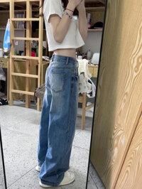 Quần jean ống rộng lưng thấp kiểu Mỹ dành cho nữ dáng rộng Giảm béo thẳng và đa năng Quần lót sàn