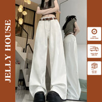 Quần Jean ống rộng nữ Jelly, Quần suông nữ màu trắng chất jean dày dặn, co giãn nhẹ không xù vải