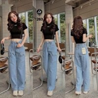 Quần jean ống rộng nữ màu xanh túi hộp đơn giản Lê Huy Fashion MS 263