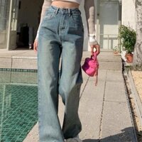 Quần Jean Ống Rộng Nữ Màu Xanh Wash Bụi Lưng Cao Phong Cách Retro Ulzzang Hàn Quốc 317