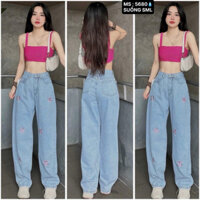 Quần jean ống rộng nữ Wash bụi cá tính, quần ống bò suông phong cách Hàn Quốc có in hình Chanel