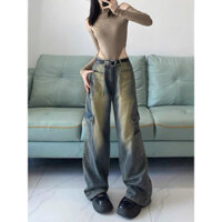 Quần jean ống rộng túi hộp quần nữ jean phong cách retro