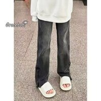 Quần jean ống thẳng cao có dây kéo chi tiết và giặt cổ điển