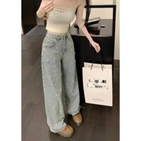 Quần Jean Ông Xuông Nữ Ống Rộng Cạp Cao ( Đính Đá) , Phong Cách Hot/2024♥️