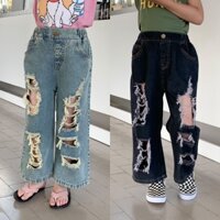 Quần jean rách bé gái dáng suông QG625 sz 90-150, quần denim ống rộng rách nhiều thời trang trẻ em