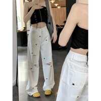 Quần Jean Rách Lưng Cao Ống Rộng In Họa Tiết Thời Trang Mùa Hè Cho Nữ